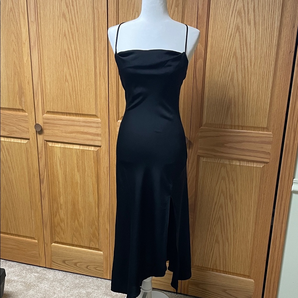 Astr Black Satin Slip Midi Dress with Cowl Neck